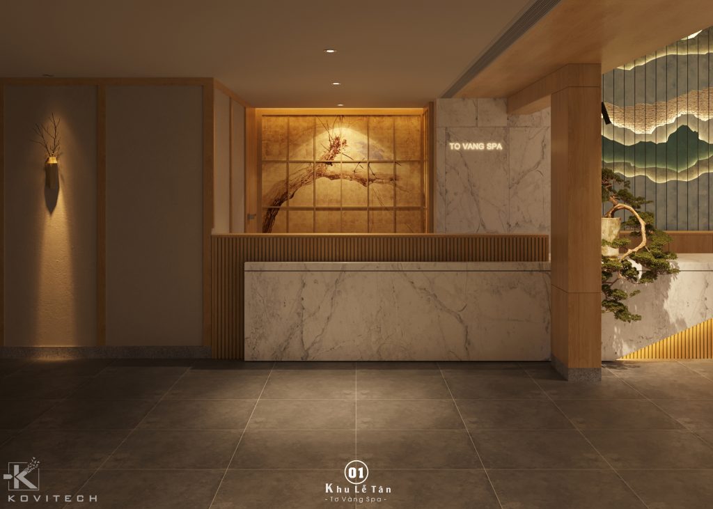 Lễ tân khu onsen thiết kế onsen hiện đại