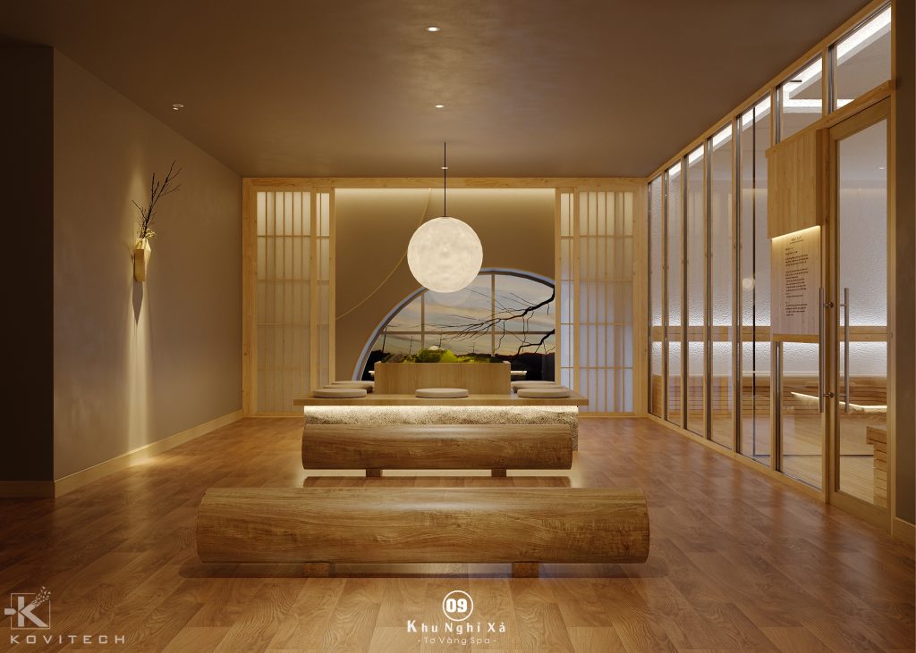 sảnh nghỉ ngơi thiết kế onsen hiện đại